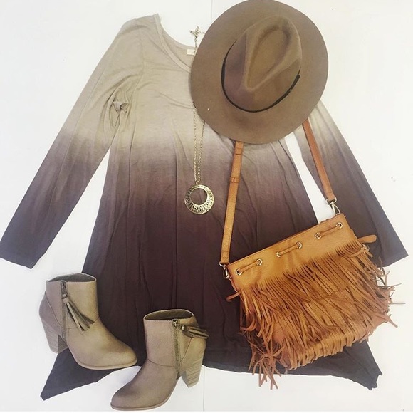 BROWN OMBRE LONG SLEEVE T SHIRT DRESS - Picture 1 of 2